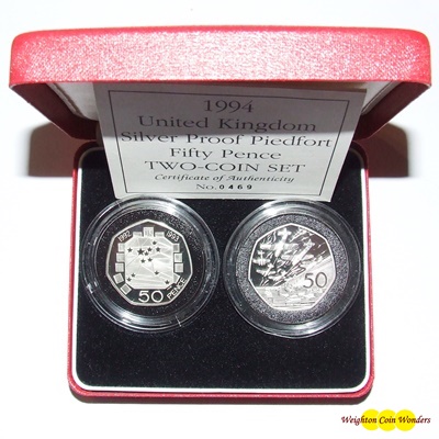 1994 Silver Proof PIEDFORT Fifty Pence 2 COIN SET